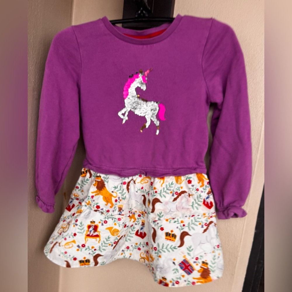 Mini Boden Girls London Royalty Theme Unicorn Dress Long Sleeve Cotton Size 6-7Y
